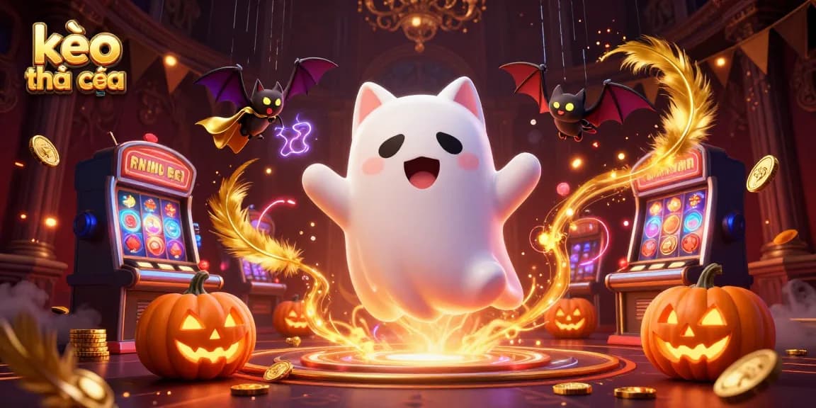 Experience kèo nhà cái with a ghost cat and bat companion in a vibrant haunted casino scene.