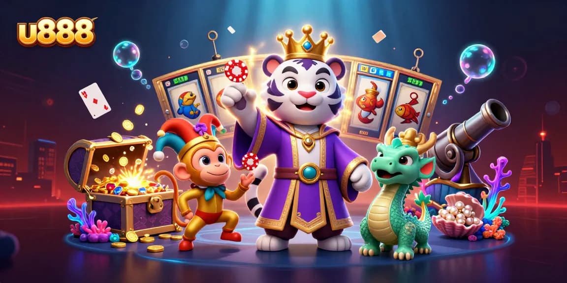 Engage with u888's vibrant online casino atmosphere, featuring dynamic gaming elements and enchanting characters.