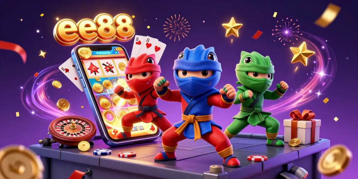 Experience the excitement of ee88 through vibrant 3D chameleons, slot games, and casino elements.