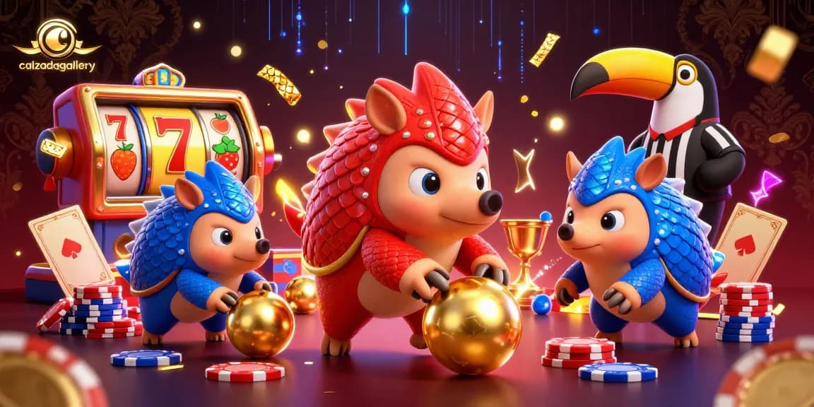 Calzadagallery showcases a vibrant rivalry of pangolins rolling golden balls through poker chips in a thrilling casino scene.