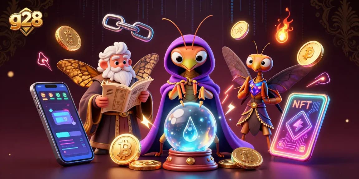 Experience g28's thrilling world of online gambling with vibrant characters and crypto elements.