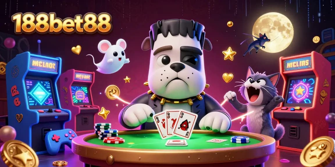 Play cards with the unique 188bet88 characters in a vibrant casino scene, featuring game machines and energetic elements.