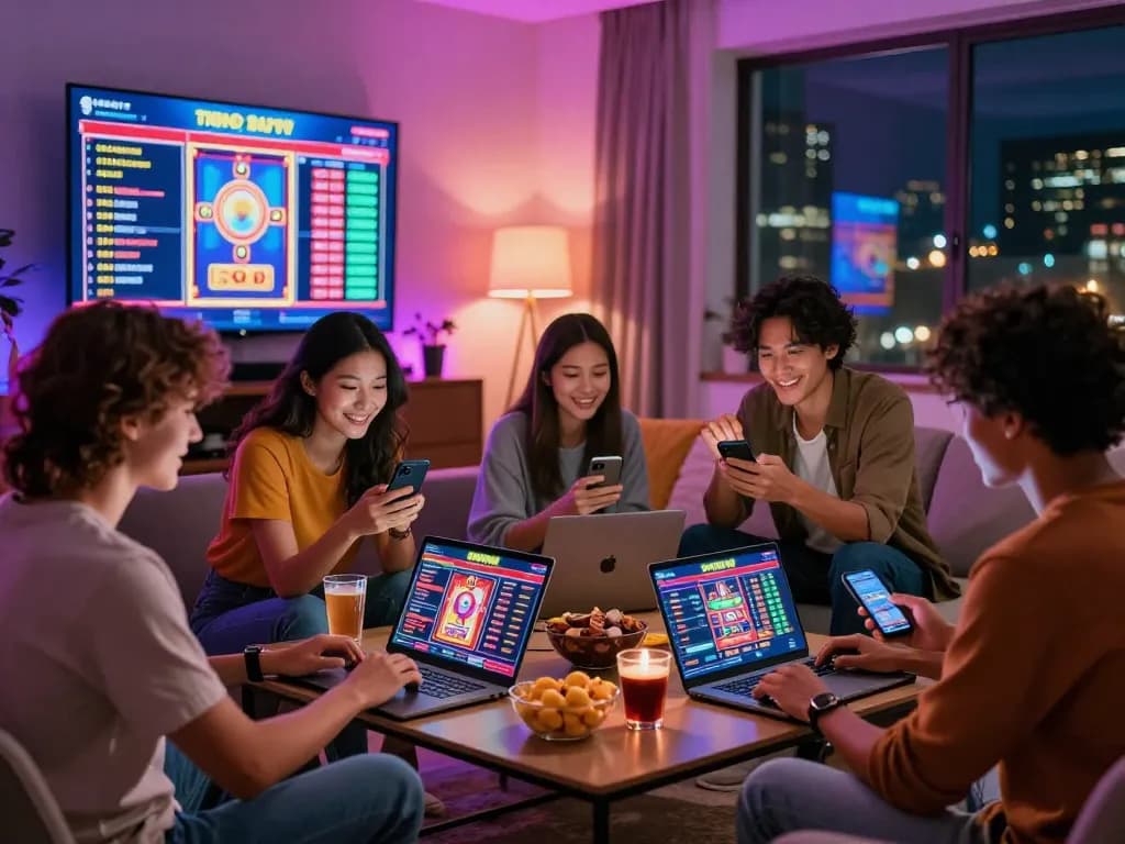 Friends enjoying online bets on 399W with laptops and snacks in a lively living room.