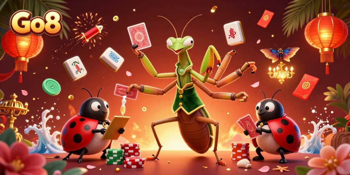 Engage with exciting Go8 gaming experiences featuring a giant mantis card sharp, casino elements, and vibrant animations.