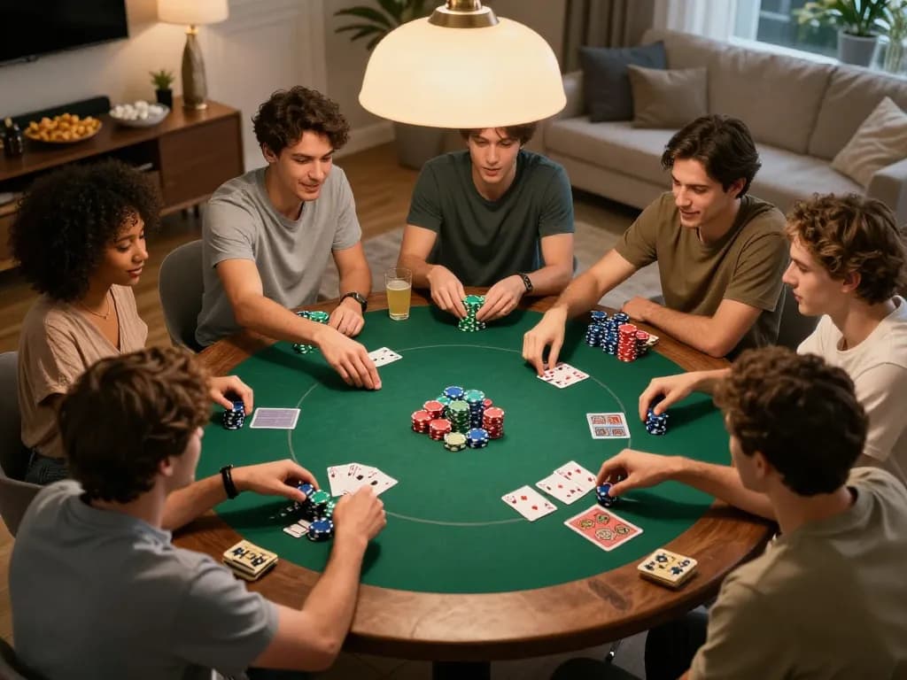 Friends enjoying a poker night while placing bets at five88 table amidst competitive atmosphere.