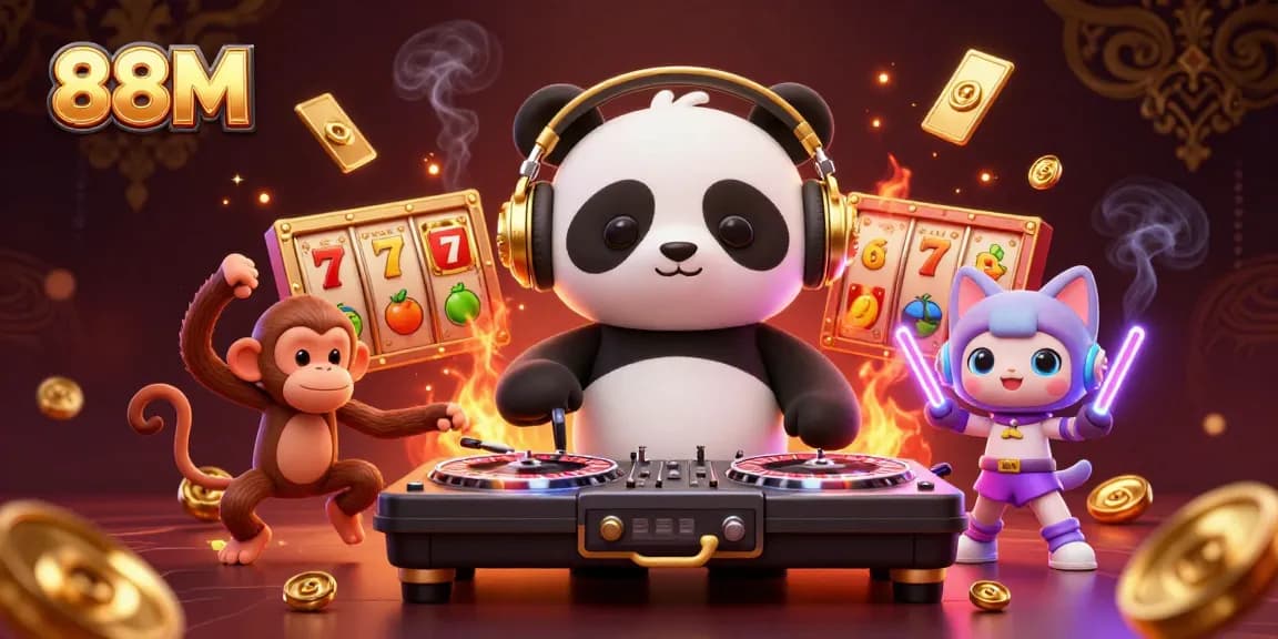Engage with 88M gaming thrill through an electrifying casino party scene with vibrant characters.