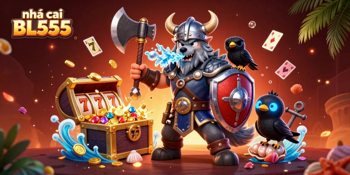 Engage with the vibrant scene of nhà cái BL555 featuring a Viking warrior, fierce dragon, and cartoon raven amidst dynamic gaming elements.