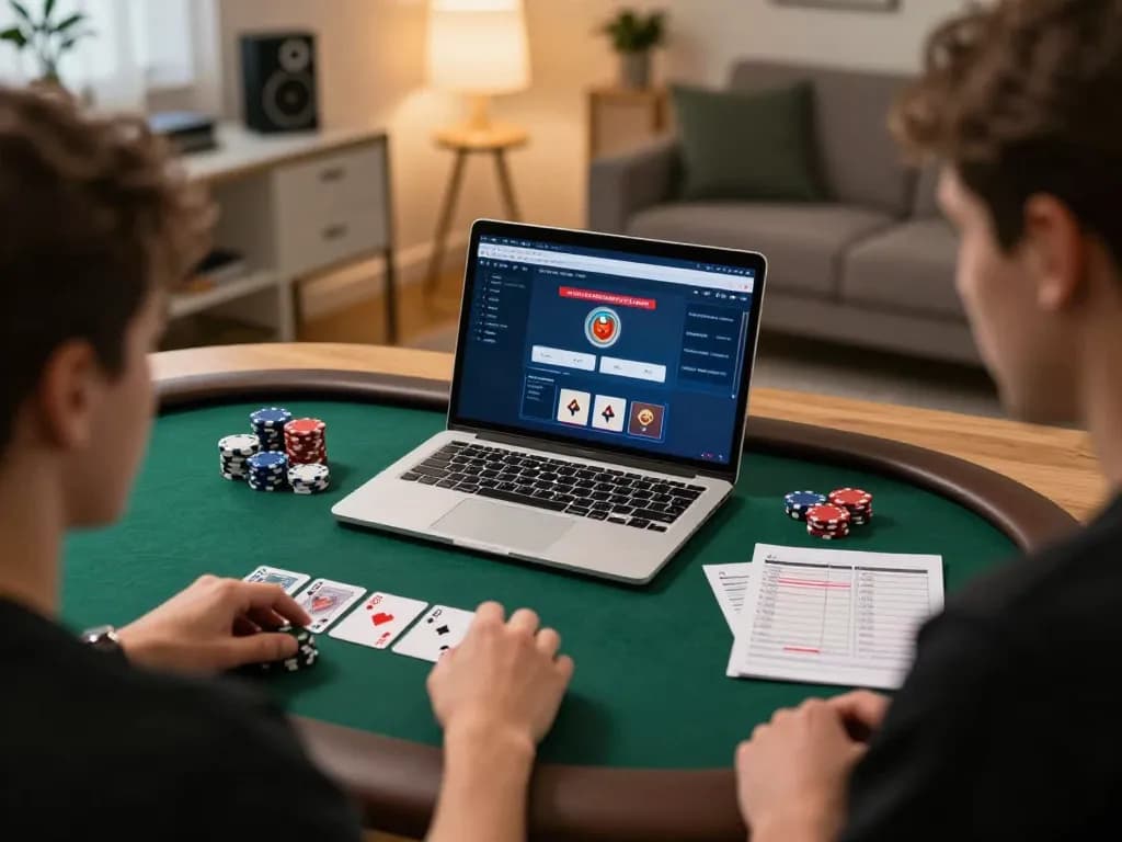 Engaged player exploring kp88 online poker, surrounded by chips and strategic notes in a cozy home.