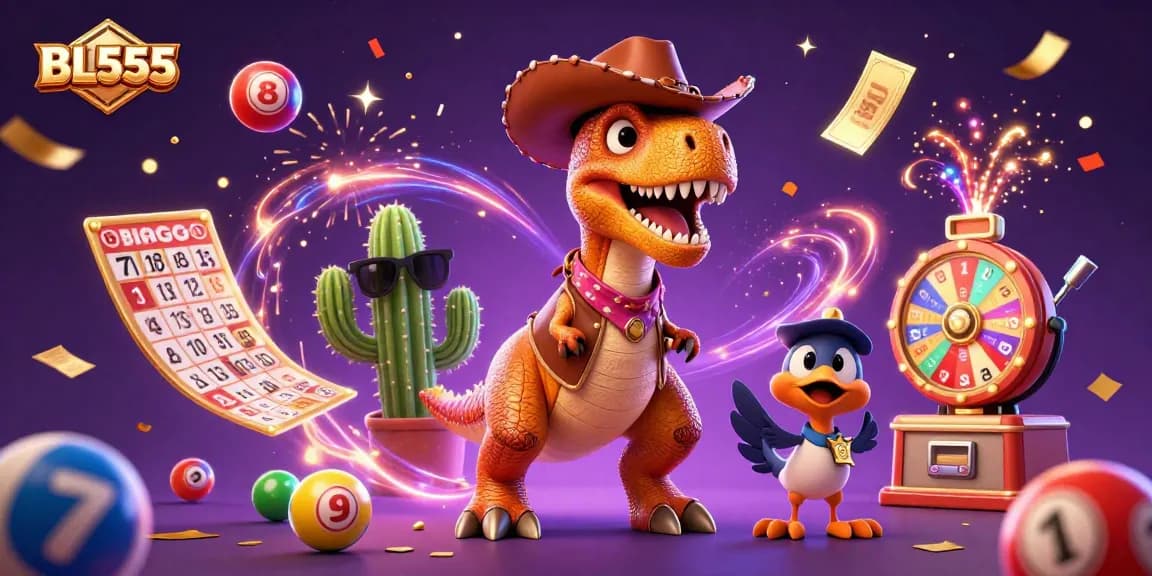 Engage with exciting BL555 lottery elements as colorful balls bounce amidst animated casino characters.