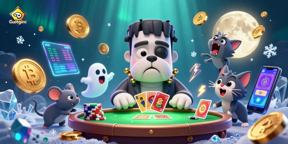 Experience the thrill with Guitgini at the casino, where the monster deals cards amidst enchanting lights.