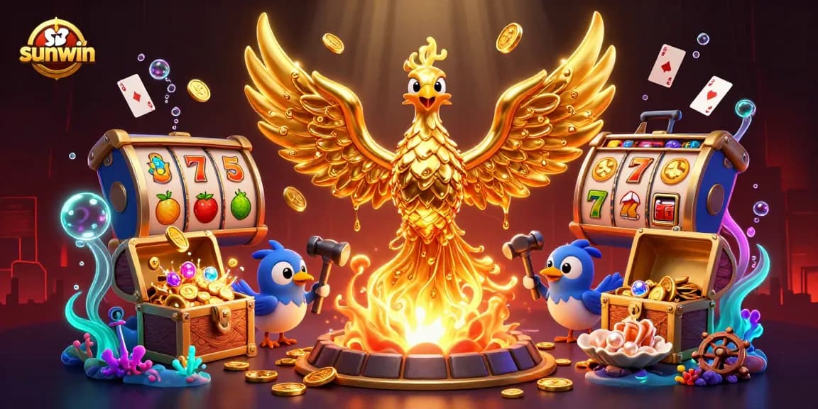 Experience the thrill of sunwin as the glowing golden phoenix brings luck with gaming treasures.