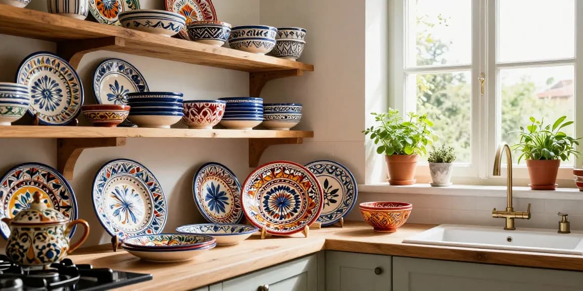 Handcrafted Italian Ceramics on display, showcasing vibrant patterns and colors in a rustic kitchen.
