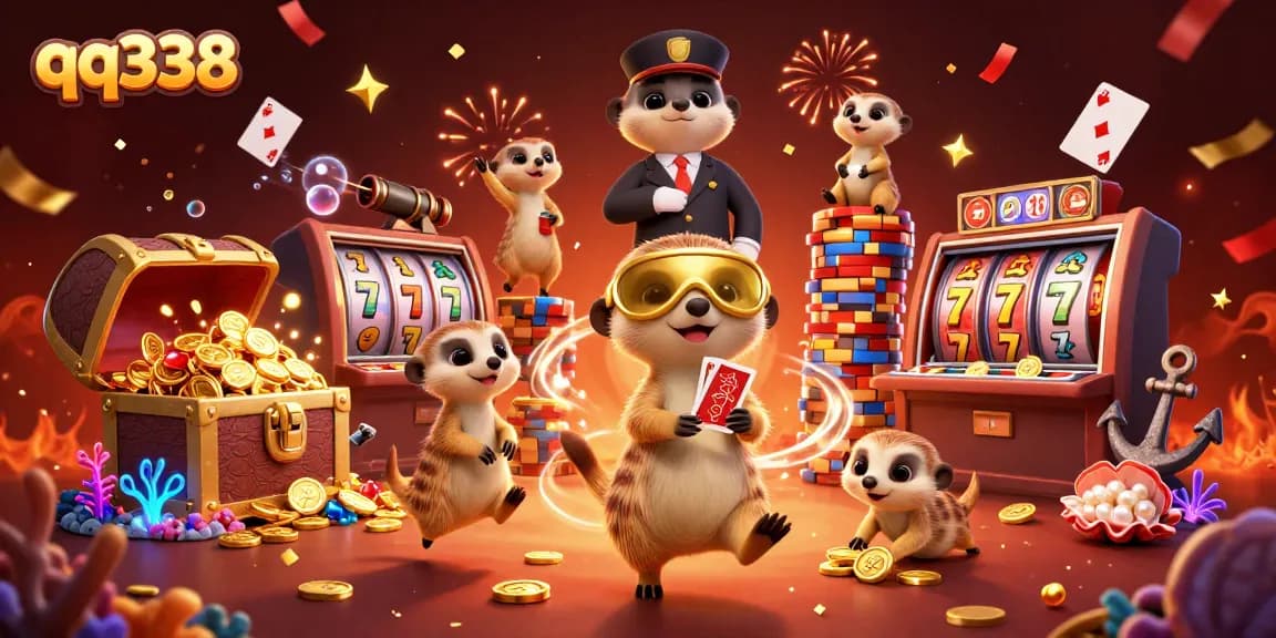 qq338 gaming meerkats celebrate at a vibrant casino with jackpots and festive decor