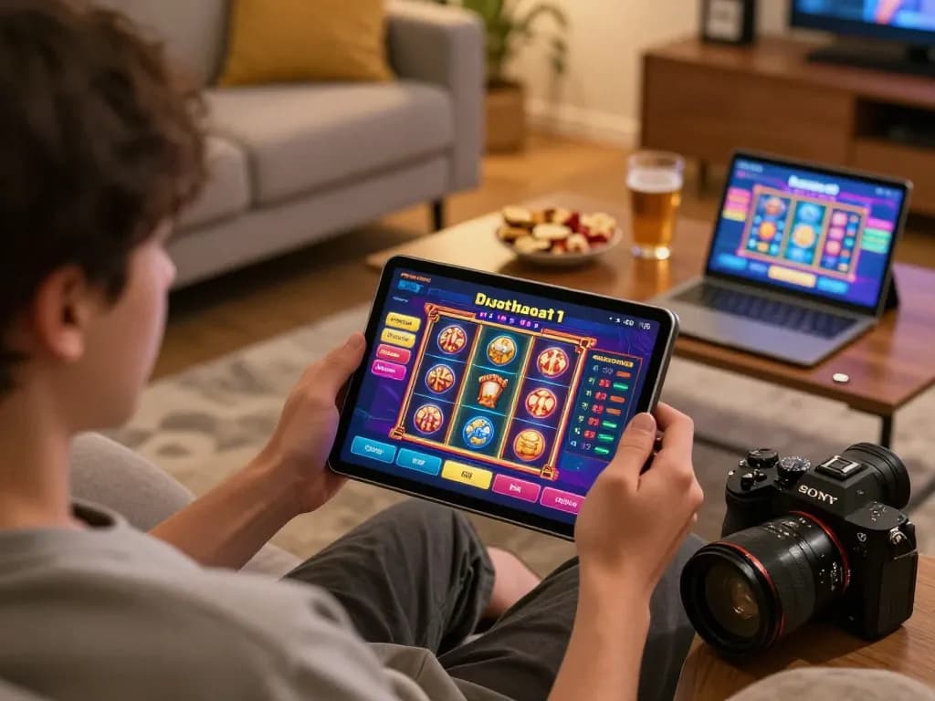 Player enjoying mobile slots on 8day app in a cozy living room setting