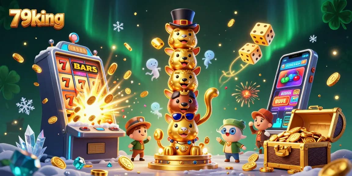 Experience the thrill of winning at 79king with cartoon characters and a bursting jackpot scene!