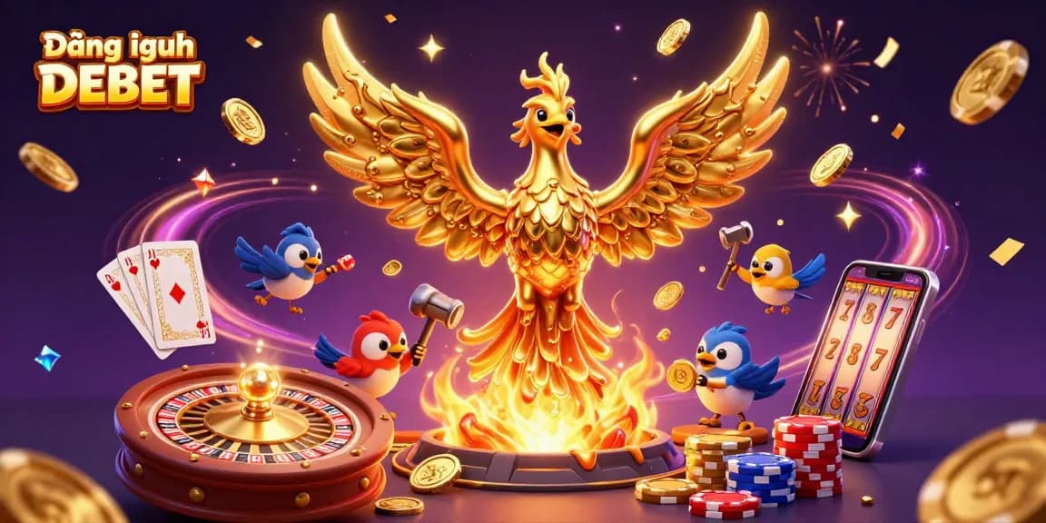 Join the excitement of Đăng nhập DEBET with a vibrant casino illustration depicting a golden phoenix and rich game elements.