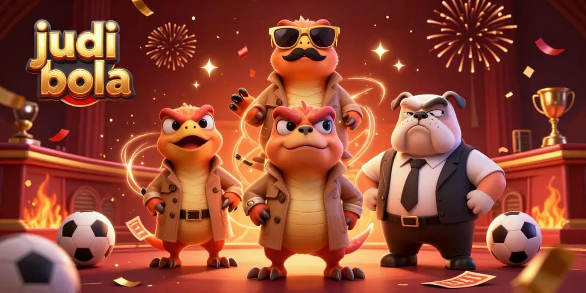 Bet on judi bola with excitement in a lively casino scene featuring raptors and a bulldog bouncer.