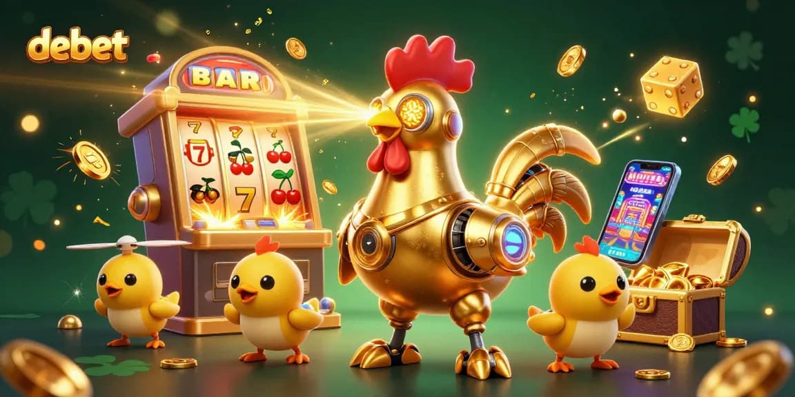 Engage with debet's vibrant casino adventure featuring golden rooster and baby chick drones.