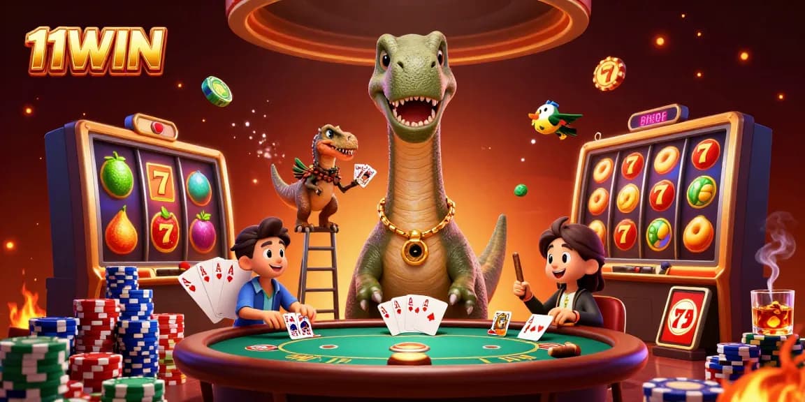 11WIN offers thrilling casino action with vibrant slot reels and engaging characters.