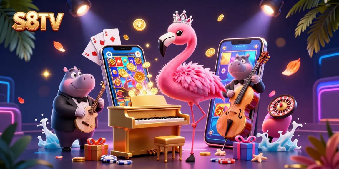 S8TV engages players with dynamic casino action featuring a flamingo singer and hippo bassist, amidst vibrant gaming elements.