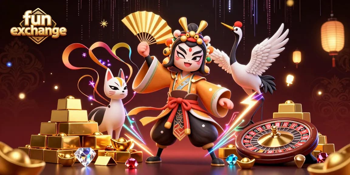 Engage in exciting gaming with fun exchange at a dynamic casino scene featuring a kabuki warrior and gems.
