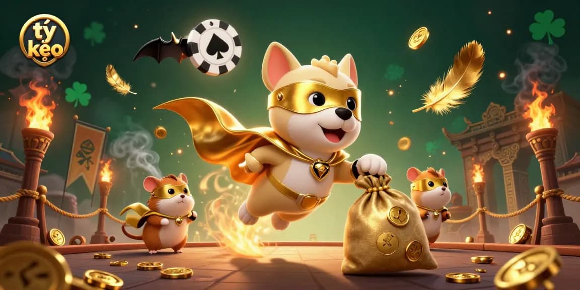 Engage with tỷ lệ kèo through an exciting illustration of a superhero dog in a dynamic casino setting.