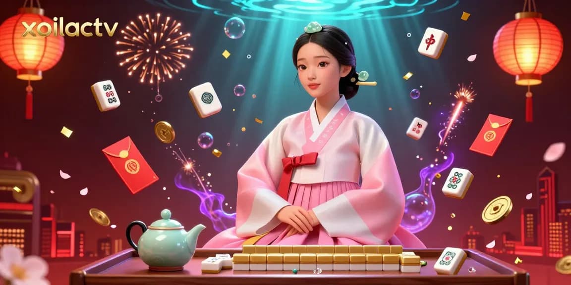 Xoilactv brings the excitement of online gambling with a serene elegant Asian woman in traditional attire amidst a festive casino scene.