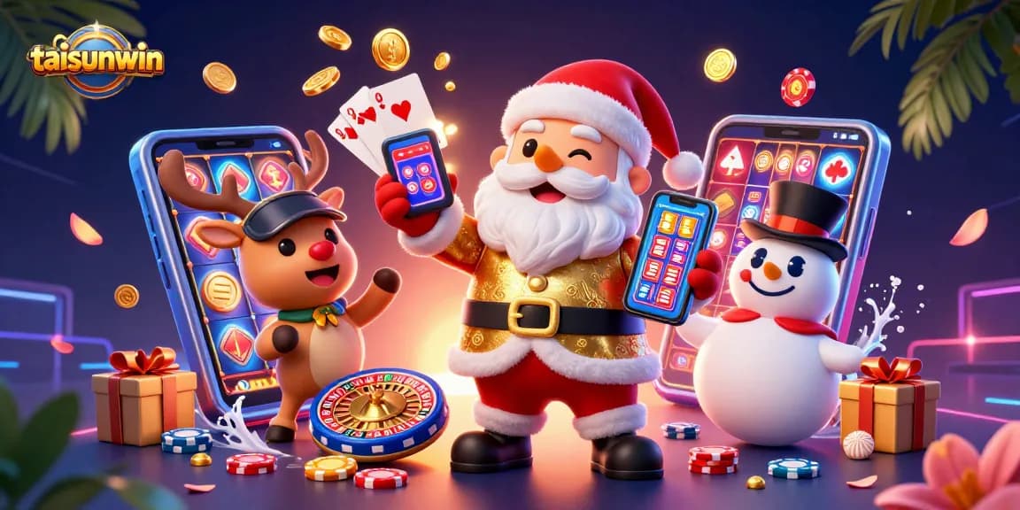 Engage with taisunwin's vibrant jackpot slots scene featuring Santa, a reindeer dealer, and a poker chip snowman.