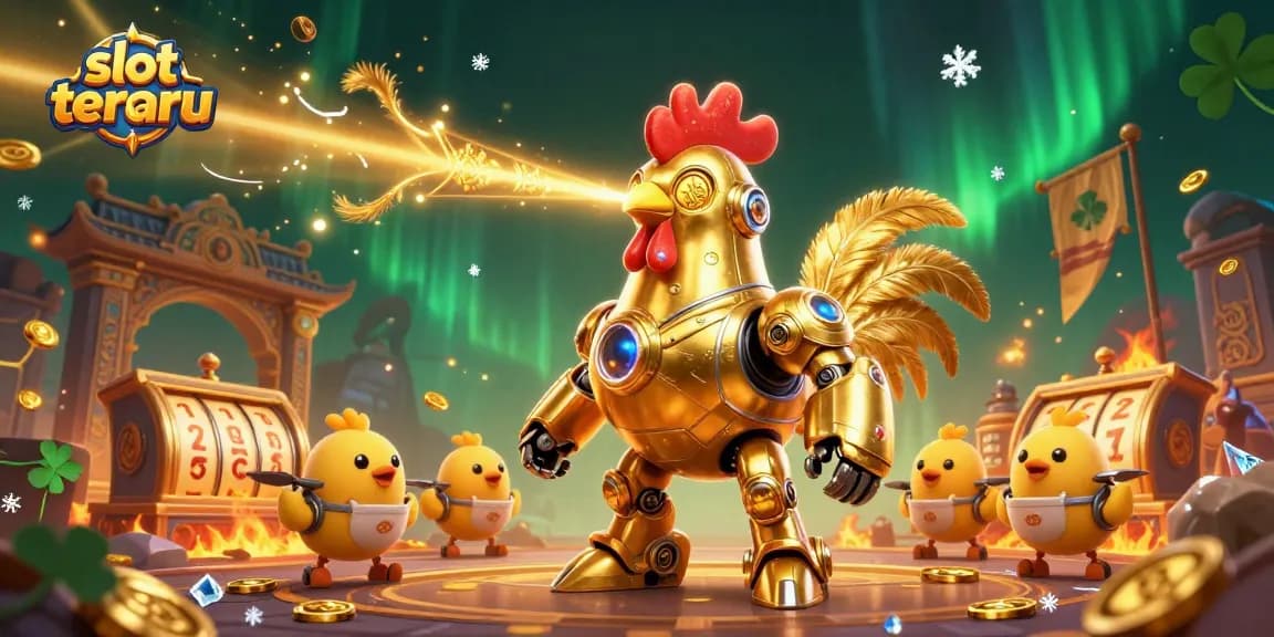 Experience the thrill of slot terbaru in a vivid 3D illustration featuring a golden rooster robot and baby chick drones.