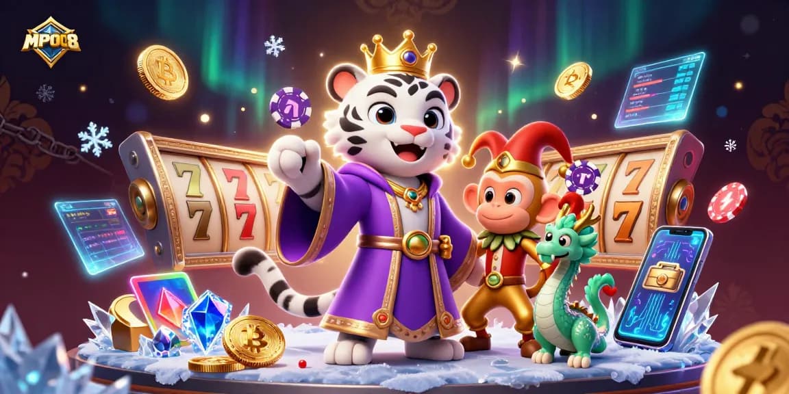 Spin to win at MPO08, featuring a vibrant scene with a royal tiger and lively monkey amidst slot game excitement.