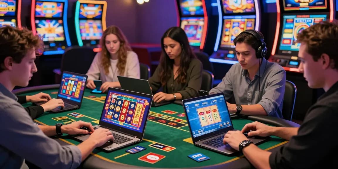 A lively online casino scene with players using credit cards at https://pavilions.org.uk, engaging with colorful slot games and live dealers.