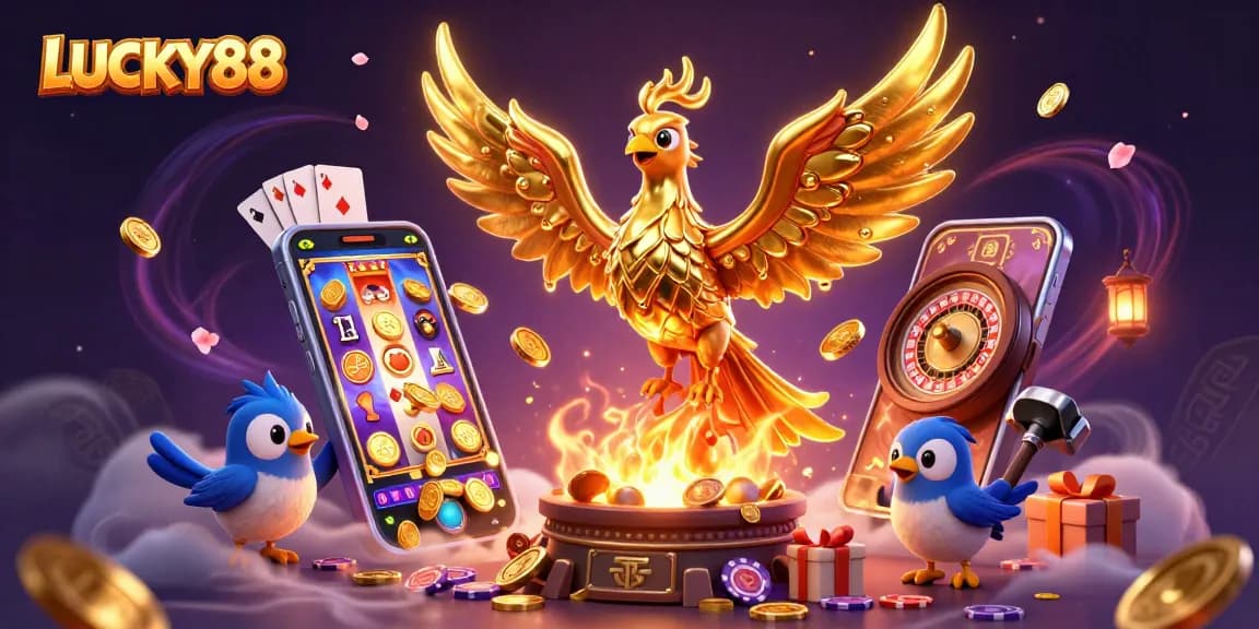 Experience LUCKY88's excitement with a dazzling phoenix and casino game elements.