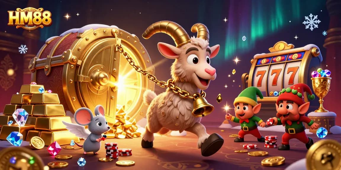 Engage in thrilling action at HM88's casino with Krampus, an angel mouse, and elf gremlins amidst gold coins and slot machines.