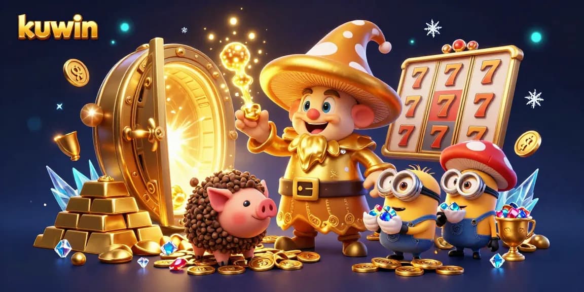Experience the magic of kuwin with a vibrant 3D illustration featuring a golden wizard and treasure.