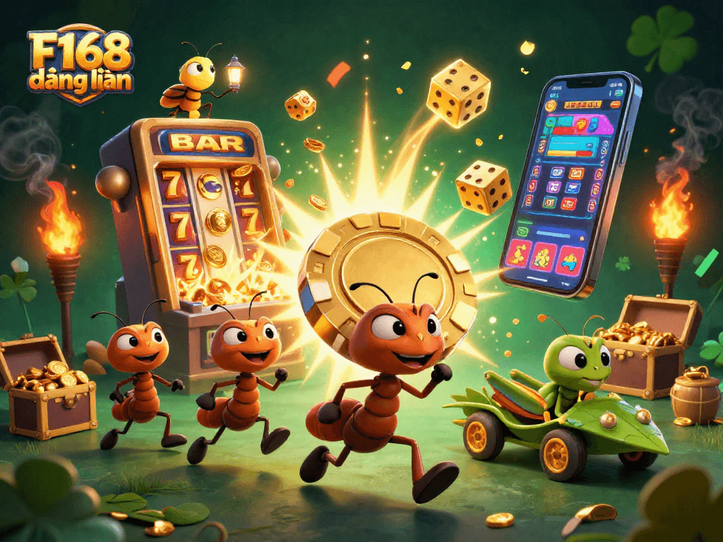 Join the fun at F168 đăng nhập with ants stealing a giant poker chip amidst a vibrant casino atmosphere.