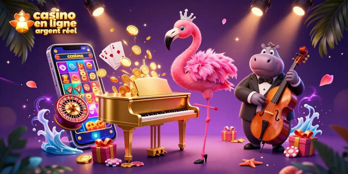 Découvrez l'excitation du casino en ligne argent réel avec un art numérique 3D vibrant illustrant une scène de jeu animée.