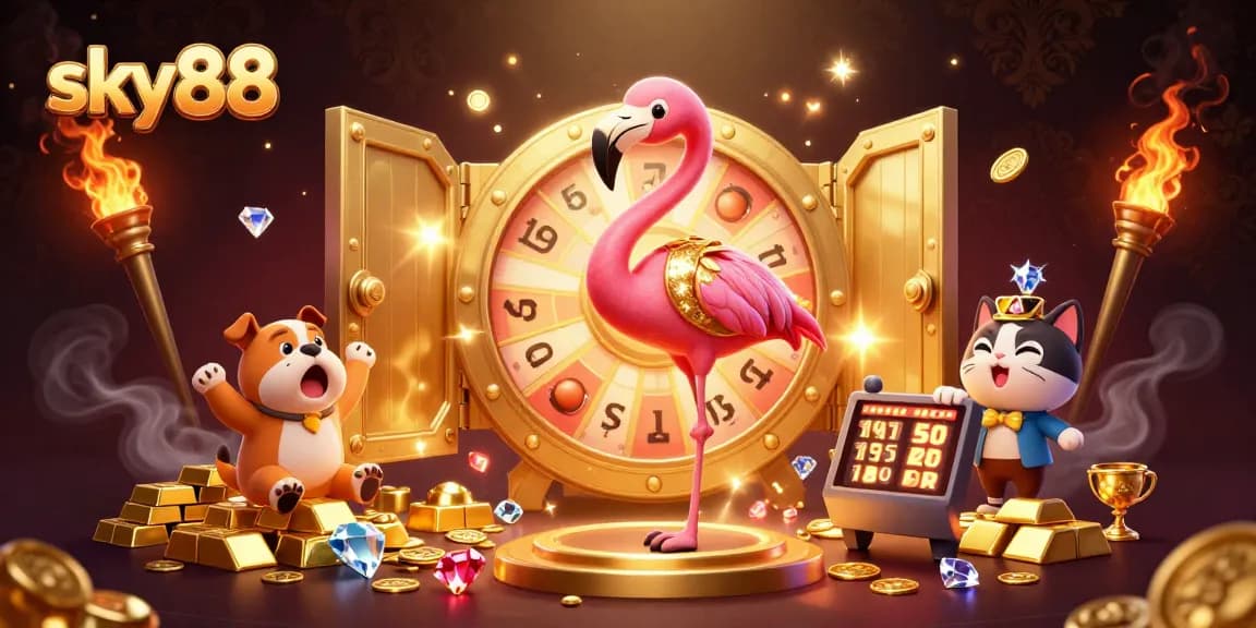 Experience thrilling gameplay at sky88 with a vibrant prize wheel and cartoon characters celebrating big wins.