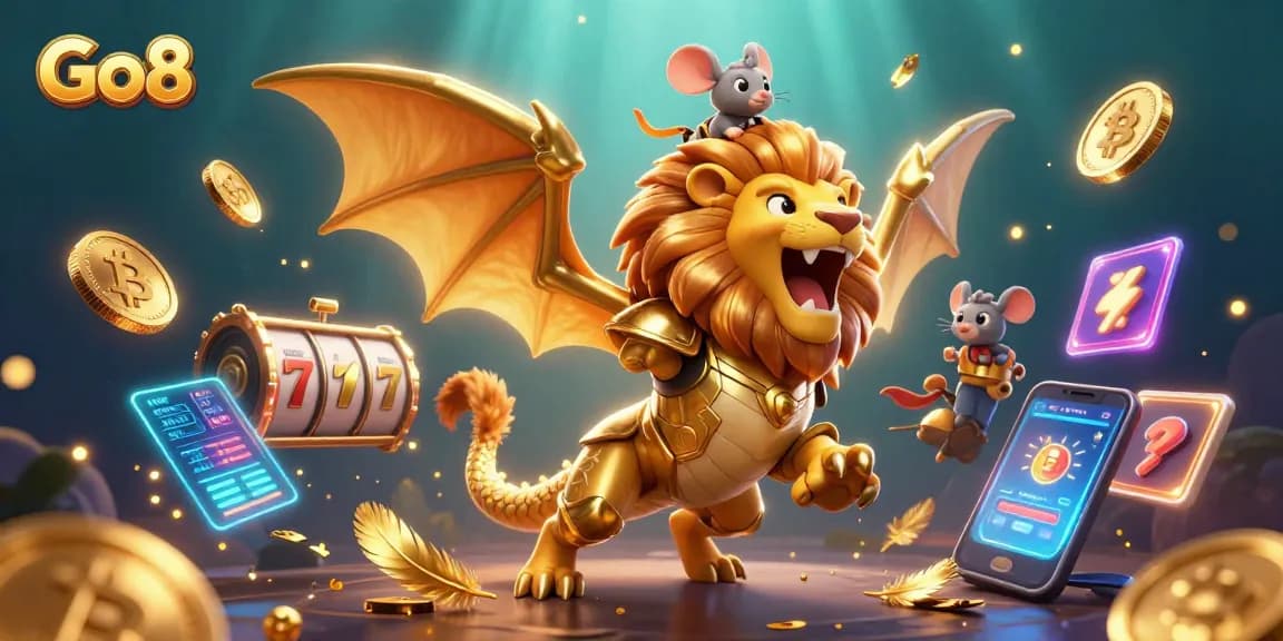 Join the thrilling Go8 casino world with golden chimera, crypto coins, and vibrant slot elements!