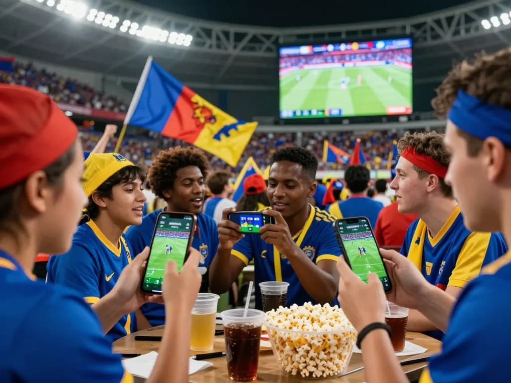 Football fans using the NOWGOAL app for live score updates, showcasing excitement in a stadium environment.