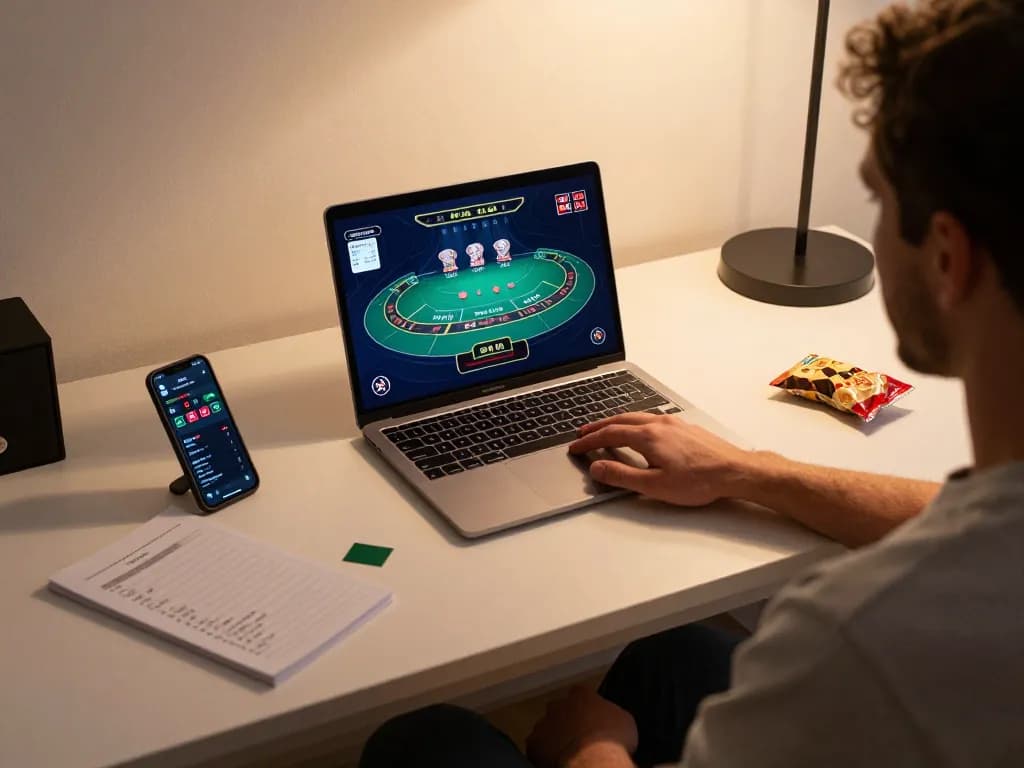 MAY88 player enjoying an online blackjack game on a laptop in a cozy home setting.