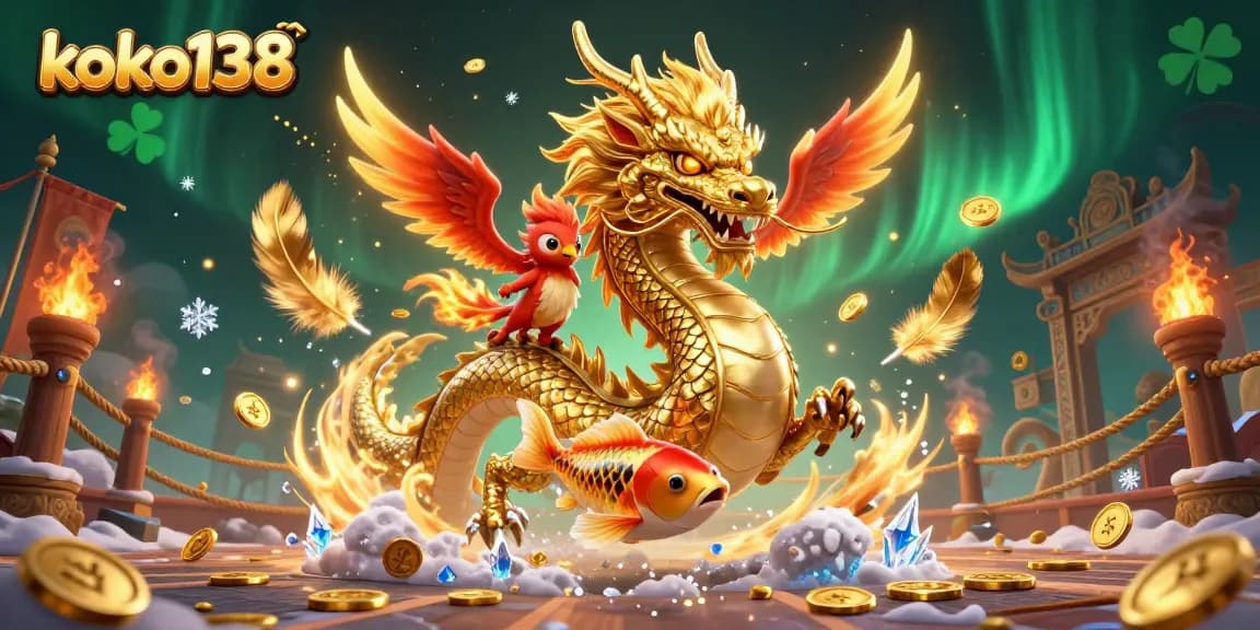 Koko138 features a fierce golden dragon and a phoenix in an energetic casino scene filled with gold coins and dynamic elements.