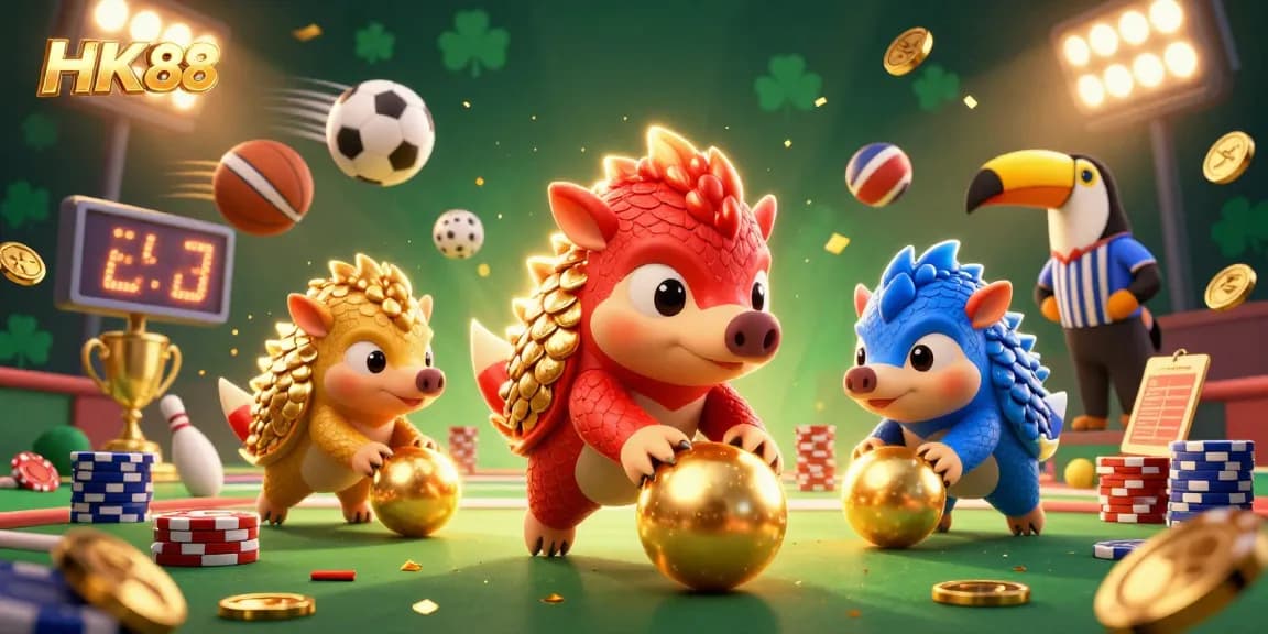 Experience thrilling games at HK88, where rival pangolins clash amidst golden chips and lively sportsbook elements.