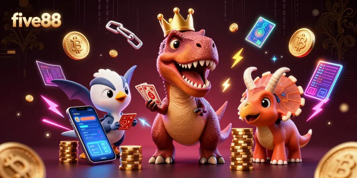 Bet and win big at five88 with friendly dinosaur characters in a vibrant casino scene.