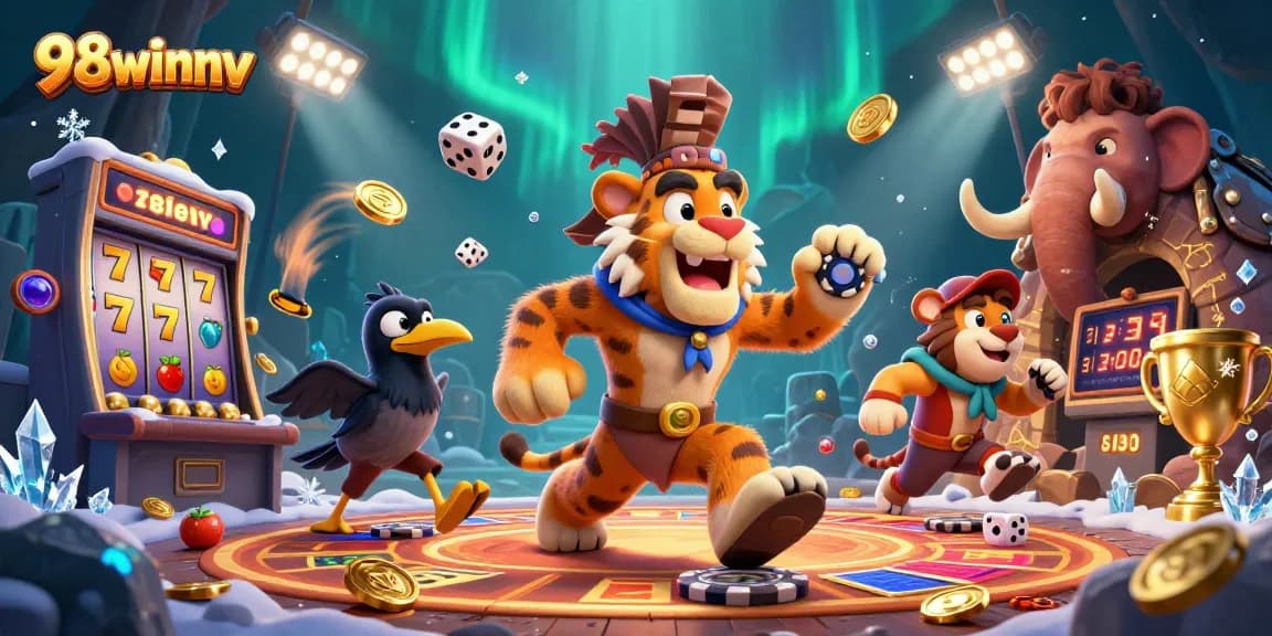 Play dynamic slot games at 98winnv, showcasing a vibrant casino atmosphere with colorful characters.