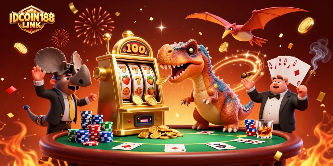 IDCOIN188 LINK celebrates big wins with animated characters at a lively casino scene, showcasing thrilling jackpot moments.