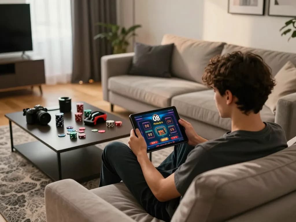Player enjoying O8 online casino gaming on a tablet in a cozy living room setting
