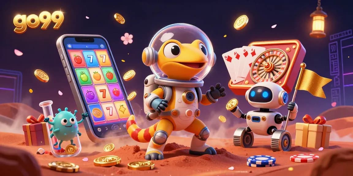 Engage with the vibrant world of go99, showcasing a Martian gecko at a golden casino surrounded by slot game elements.