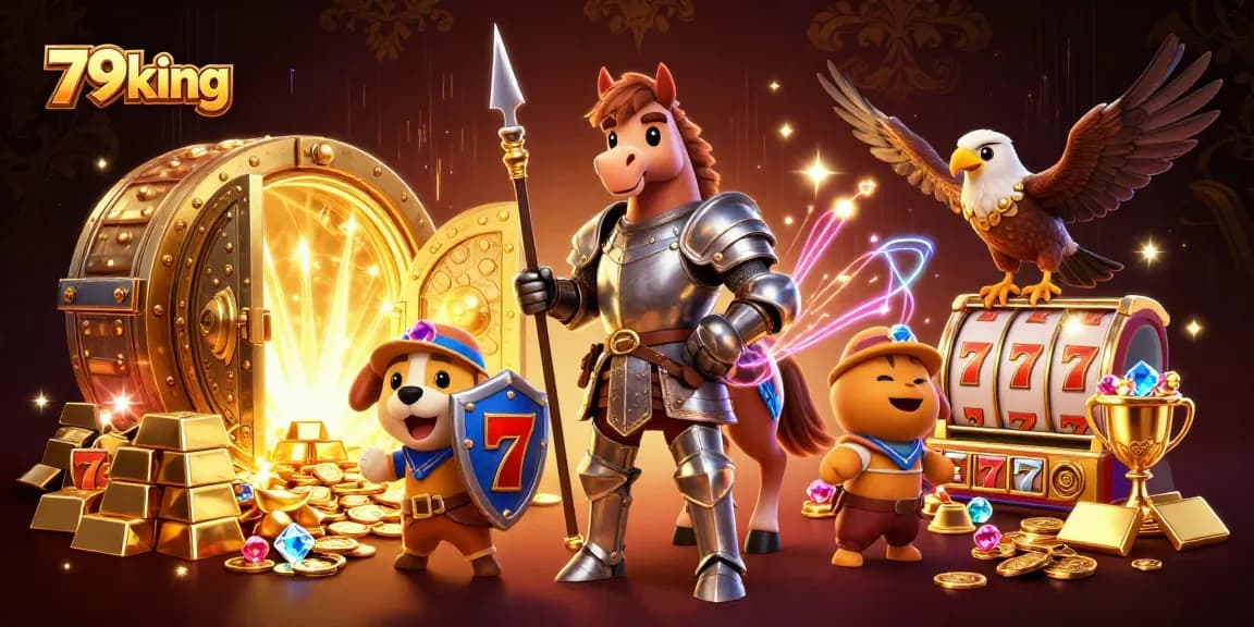 Experience the thrill of 79king with knights and treasures amidst vibrant casino elements.
