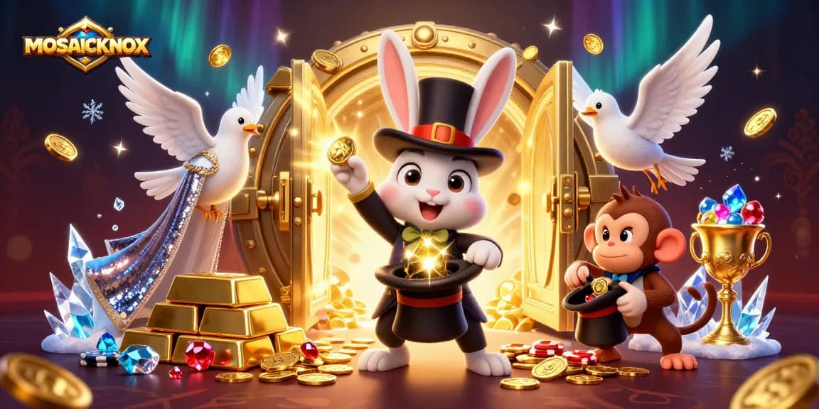 Experience the thrills of mosaicknox casino with a magical scene featuring a rabbit, dove, and monkey in vivid action.