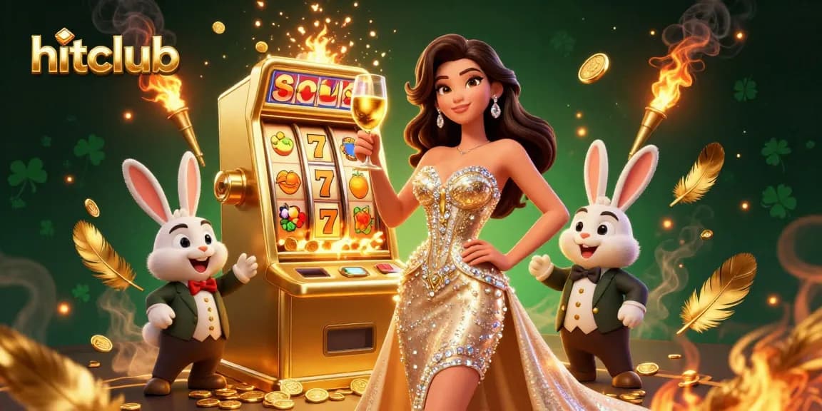 Experience thrilling slots action with hitclub's vibrant golden illustrations and dynamic characters.